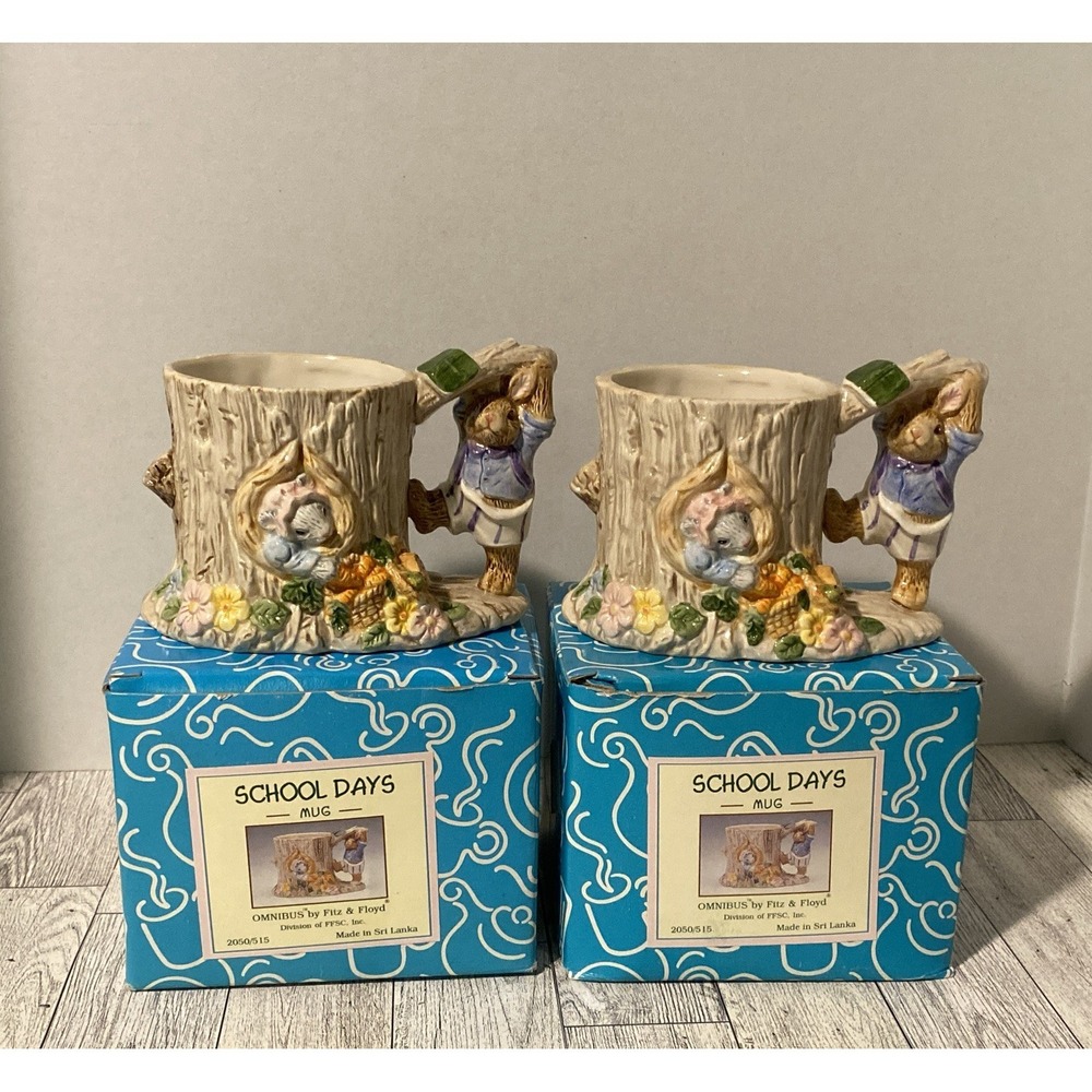2 Fitz & Floyd Omnibus 1996 Ceramic "School Days" Mug Planter Bunnies Rabbit Set